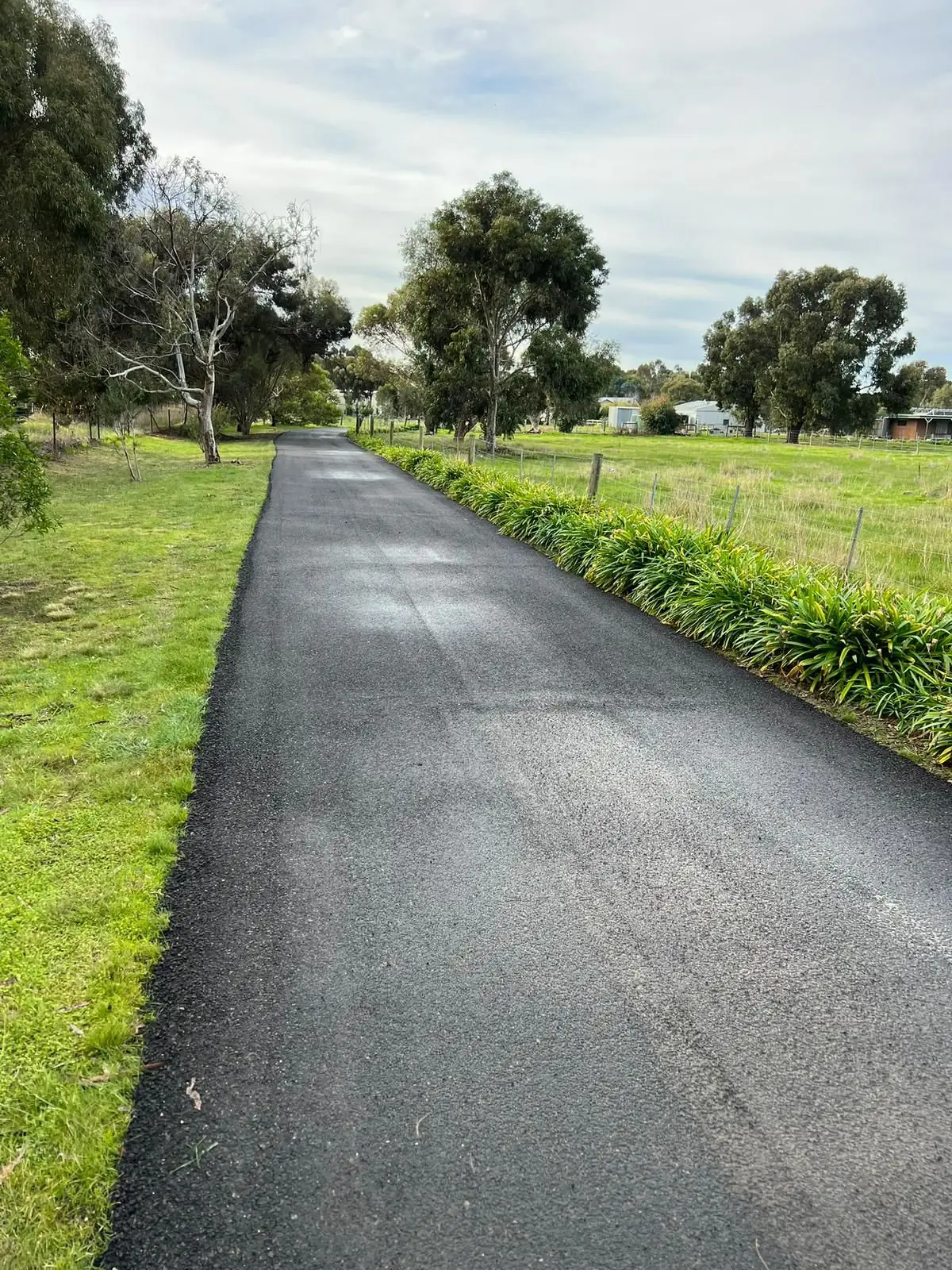 A long, freshly paved asphalt driveway runs through a green rural paddock